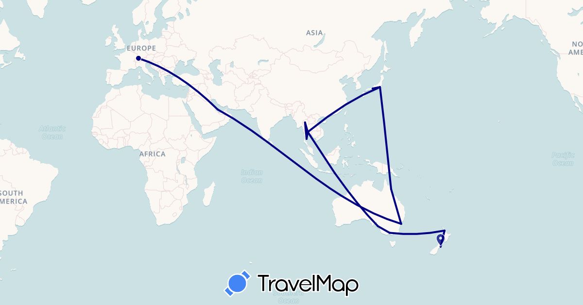 TravelMap itinerary: driving in Australia, Switzerland, Indonesia, Japan, New Zealand, Qatar, Thailand (Asia, Europe, Oceania)